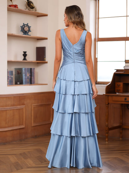 A-Linie/Princess-Linie V-Ausschnitt Stufenkleid für die Brautmutter mit Rüschen