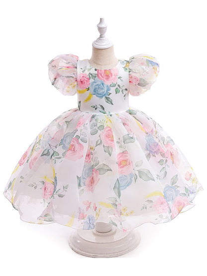 Ballkleid U-Ausschnitt Kurze Ärmel Bedrucktes Blumenmädchenkleid