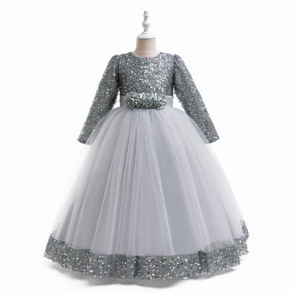 Ballkleid U-Ausschnitt Lange Ärmel Pailletten Weihnachtskleider für Mädchen
