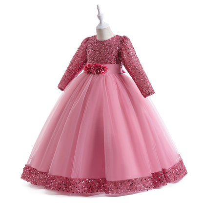 Ballkleid U-Ausschnitt Lange Ärmel Pailletten Weihnachtskleider für Mädchen