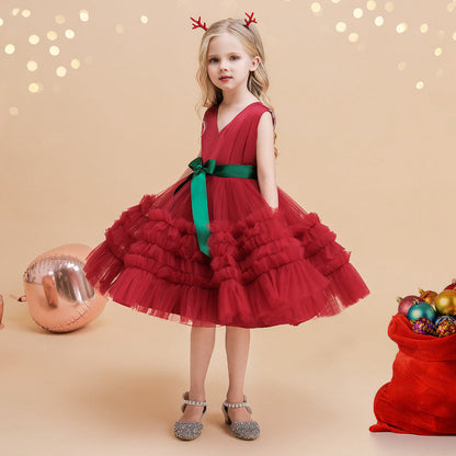 Ballkleid V-Ausschnitt Ärmellos Knielang Geraffte Weihnachtskleider für Mädchen