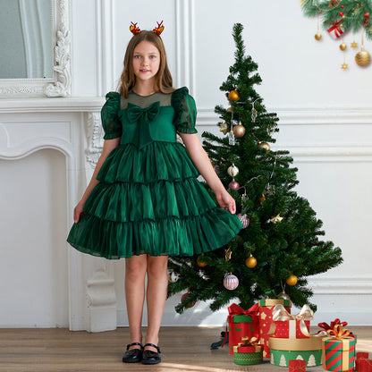 Ballkleid mit Stufenschnitt, U-Ausschnitt, kurzen Ärmeln, Plissee, Weihnachtskleider für Mädchen