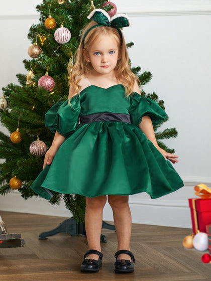 Ballkleid Off-the-Shoulder Kurze Ärmel Satin Weihnachtskleider für Mädchen
