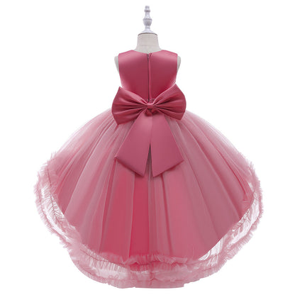 Ballkleid U-Ausschnitt Hi-Low Rüschen Blumenmädchenkleider mit Schleife