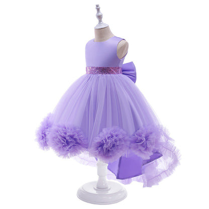 Ballkleid U-Ausschnitt Hi-Low Rüschen Blumenmädchenkleider mit Schleife