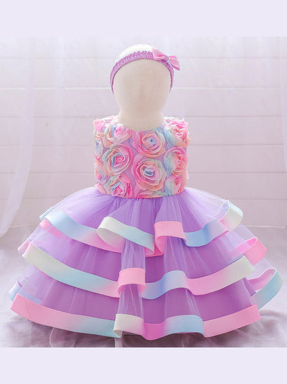 Ballkleid U-Ausschnitt Ärmellos Blumenmädchenkleider mit Gürtel