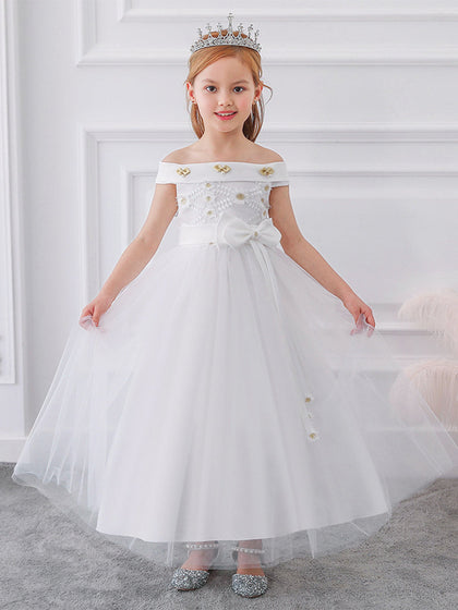 Ballkleid, schulterfrei, kurze Ärmel, Blumenmädchenkleider mit Schleife