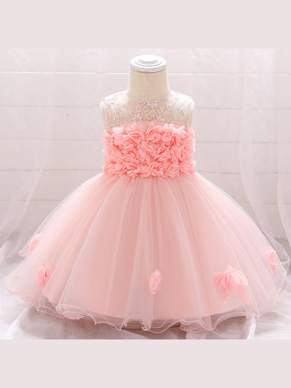 Ballkleid U-Ausschnitt Ärmellose Blumenmädchenkleider mit einfarbigen Blumen