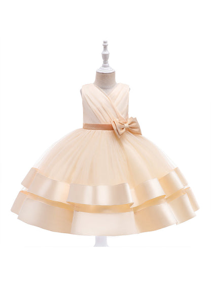 Ballkleid V-Ausschnitt Ärmelloses Blumenmädchenkleid mit Schleife