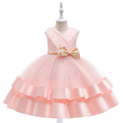 Ballkleid V-Ausschnitt Ärmelloses Blumenmädchenkleid mit Schleife
