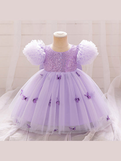 Ballkleid mit U-Ausschnitt und Puffärmeln, Blumenmädchenkleider mit Pailletten