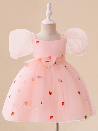 Ballkleid mit U-Ausschnitt und Puffärmeln, Blumenmädchenkleider mit Schleife