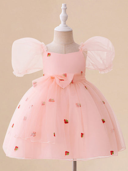 Ballkleid mit U-Ausschnitt und Puffärmeln, Blumenmädchenkleider mit Schleife