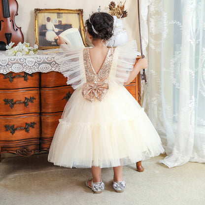 Ballkleid U-Ausschnitt Fliegende Ärmel Blumenmädchenkleider mit Pailletten