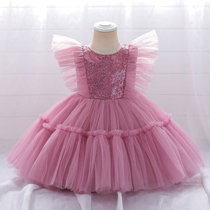 Ballkleid U-Ausschnitt Fliegende Ärmel Blumenmädchenkleider mit Pailletten