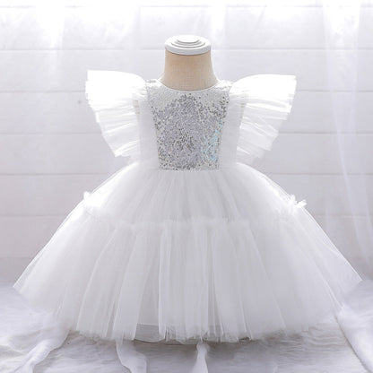Ballkleid U-Ausschnitt Fliegende Ärmel Blumenmädchenkleider mit Pailletten
