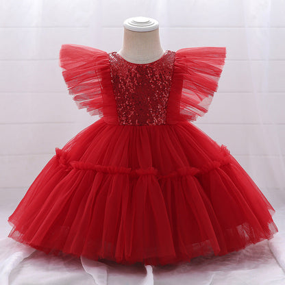 Ballkleid U-Ausschnitt Fliegende Ärmel Blumenmädchenkleider mit Pailletten
