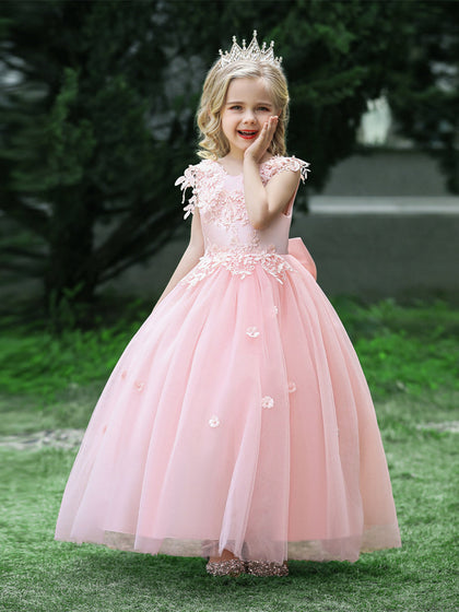 Ballkleid U-Ausschnitt Ärmellose Blumenmädchenkleider mit Applikationen