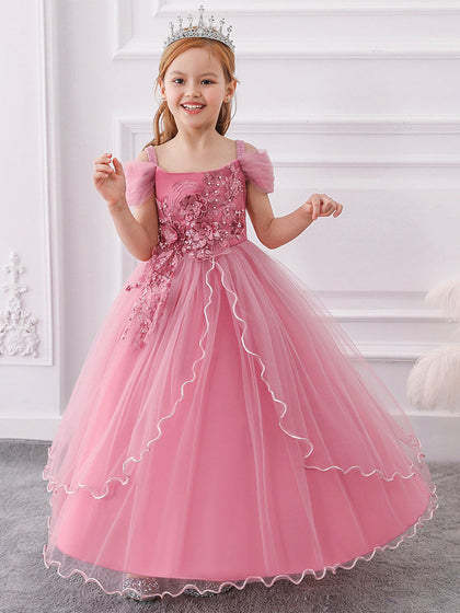 Ballkleid Kalte Schulter Kurze Ärmel Blumenmädchenkleider mit Perlen