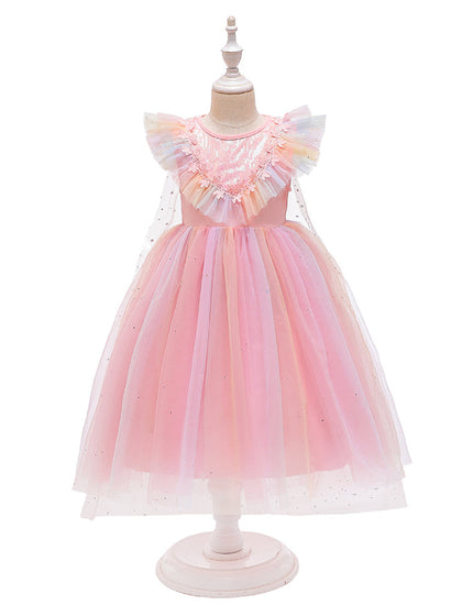 Ballkleid U-Ausschnitt Fliegende Ärmel Blumenmädchenkleider mit Pailletten