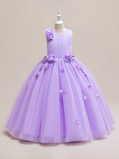 Ballkleid U-Ausschnitt Ärmellose Blumenmädchenkleider mit einfarbiger Blume
