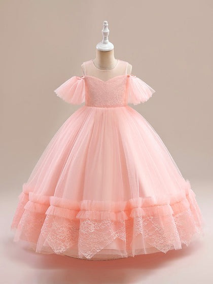 Ballkleid Kalte Schulter Kurze Ärmel Blumenmädchenkleider mit Applikationen