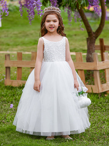 Ballkleid U-Ausschnitt Ärmellose Blumenmädchenkleider mit Applikationen