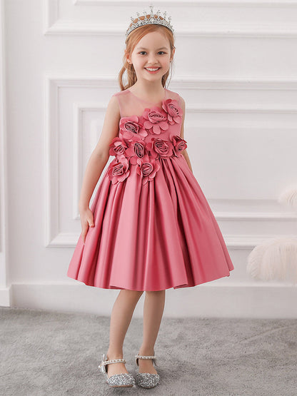 Ballkleid U-Ausschnitt Ärmellose Blumenmädchenkleider mit einfarbigen Blumen