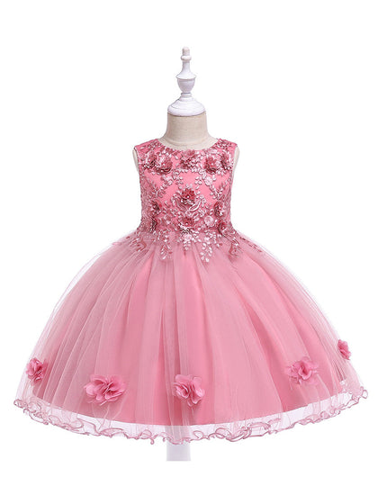 Ballkleid U-Ausschnitt Ärmellose Blumenmädchenkleider mit einfarbigen Blumen