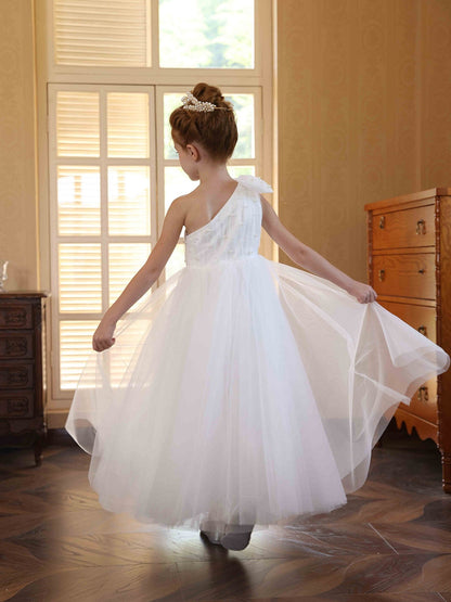 A-Linie/Princess-Linie One-Shoulder-Tüll Blumenmädchenkleider mit Perlen