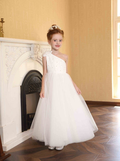A-Linie/Princess-Linie One-Shoulder-Tüll Blumenmädchenkleider mit Perlen