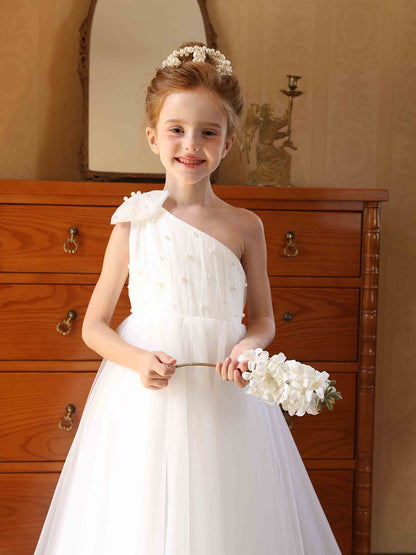 A-Linie/Princess-Linie One-Shoulder-Tüll Blumenmädchenkleider mit Perlen