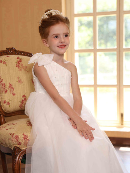 A-Linie/Princess-Linie One-Shoulder-Tüll Blumenmädchenkleider mit Perlen