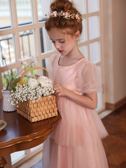 A-Linie/Princess-Linie Rundhalsausschnitt Puffärmel Stufen-Tüll Blumenmädchenkleider