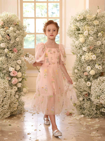 A-Linie/Princess-Linie Quadratischer Ausschnitt Puffärmel Tüll Blumenmädchenkleider mit Stickerei