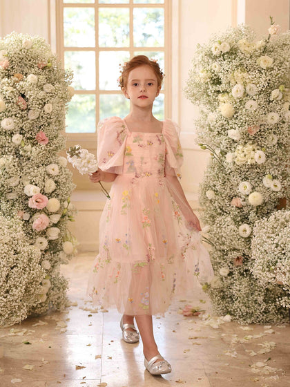 A-Linie/Princess-Linie Quadratischer Ausschnitt Puffärmel Tüll Blumenmädchenkleider mit Stickerei