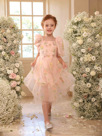 A-Linie/Princess-Linie Quadratischer Ausschnitt Puffärmel Tüll Blumenmädchenkleider mit Stickerei