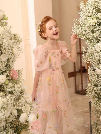 A-Linie/Princess-Linie Quadratischer Ausschnitt Puffärmel Tüll Blumenmädchenkleider mit Stickerei