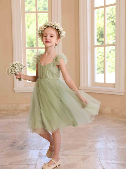 A-Linie/Princess-Linie V-Ausschnitt Fliegende Ärmel Plissee Tüll Blumenmädchenkleider