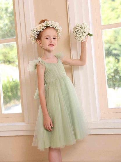 A-Linie/Princess-Linie V-Ausschnitt Fliegende Ärmel Plissee Tüll Blumenmädchenkleider