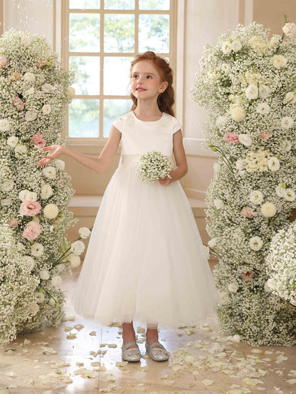 A-Linie/Princess-Linie Rundhalsausschnitt Kurze Ärmel Blumenmädchenkleider mit Schärpe