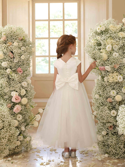 A-Linie/Princess-Linie Rundhalsausschnitt Kurze Ärmel Blumenmädchenkleider mit Schärpe