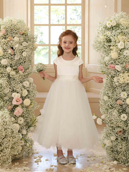 A-Linie/Princess-Linie Rundhalsausschnitt Kurze Ärmel Blumenmädchenkleider mit Schärpe