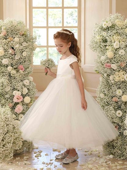 A-Linie/Princess-Linie Rundhalsausschnitt Kurze Ärmel Blumenmädchenkleider mit Schärpe