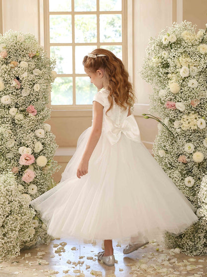 A-Linie/Princess-Linie Rundhalsausschnitt Kurze Ärmel Blumenmädchenkleider mit Schärpe