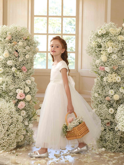 A-Linie/Princess-Linie Rundhalsausschnitt Kurze Ärmel Blumenmädchenkleider mit Schärpe
