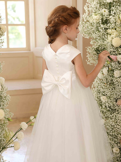 A-Linie/Princess-Linie Rundhalsausschnitt Kurze Ärmel Blumenmädchenkleider mit Schärpe