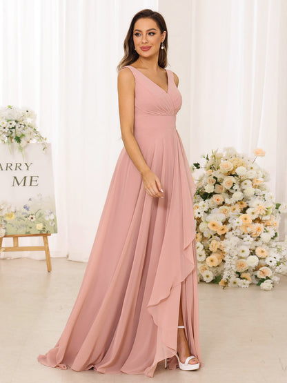 A-Linie/Princess-Linie V-Ausschnitt Schlitz Seitlich Lange Brautjungfernkleider mit Taschen