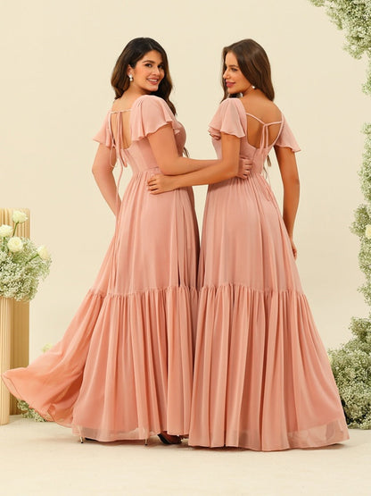 A-Linie/Princess-Linie Rüschen Bodenlang Kurze Ärmel Brautjungfernkleider