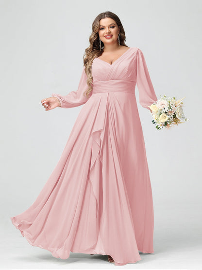A-Linie/Princess-Linie V-Ausschnitt Lange Ärmel Chiffon Rüschen Brautjungfernkleider in Übergröße mit Taschen